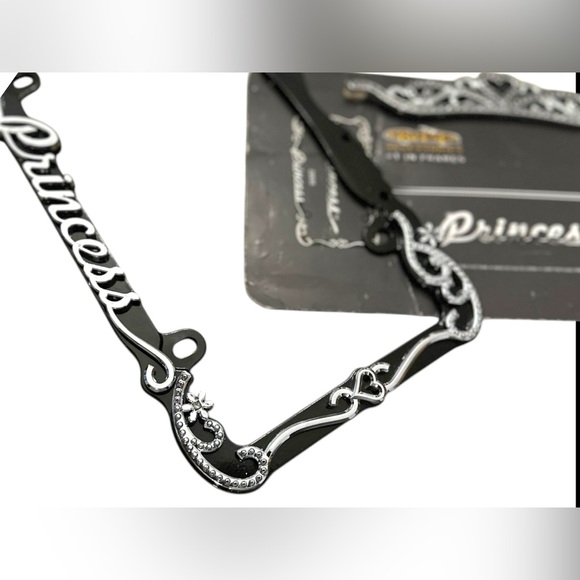 Black & Chrome Princess License Plate Frame & Diamond Bling Fasteners New - Picture 3 of 16
